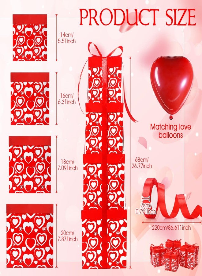 Funnymoom مجموعة فاني موم المكونة من 4 صناديق هدايا متداخلة مع أغطية، صناديق هدايا مربعة قابلة للتكديس مع بالون على شكل قلب، مثالية لهدايا عيد الحب، وتزيين حفلات أعياد الميلاد، وحفلات الزفاف، وحفلات الكريسماس. - Image 2